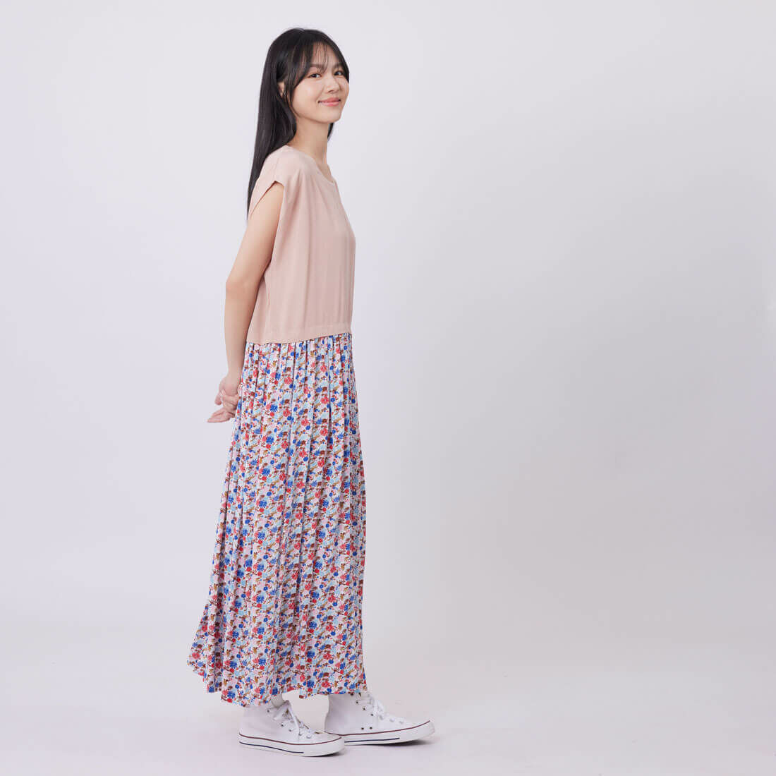 Flora花卉落肩剪接印花夏日洋裝/櫻花粉