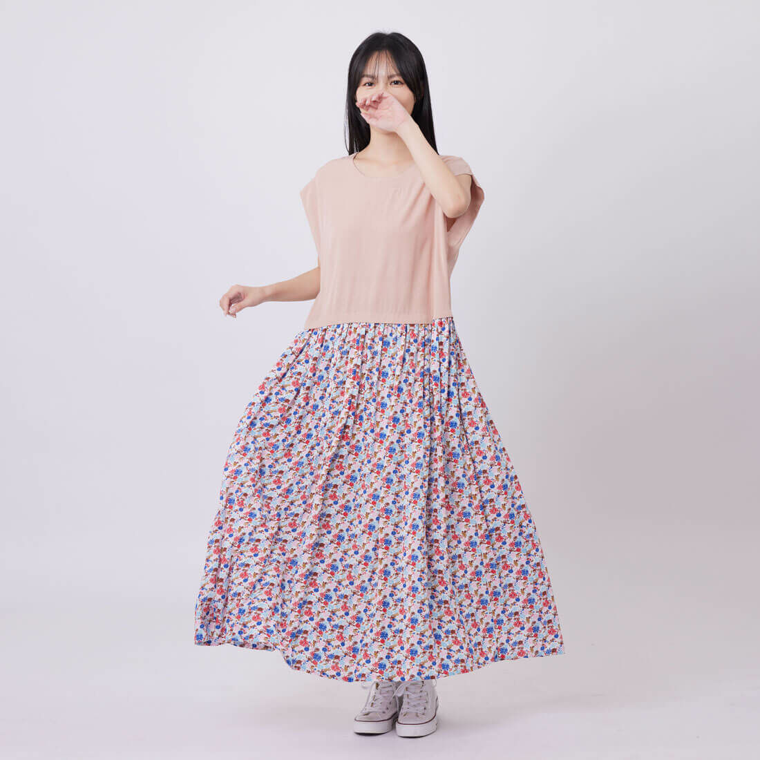 Flora花卉落肩剪接印花夏日洋裝/櫻花粉