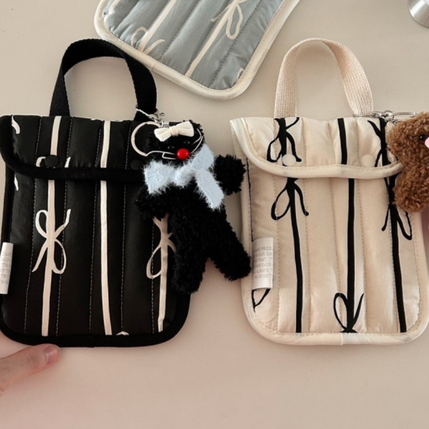 《4135》韓式縫紉條紋蝴蝶結手提小包