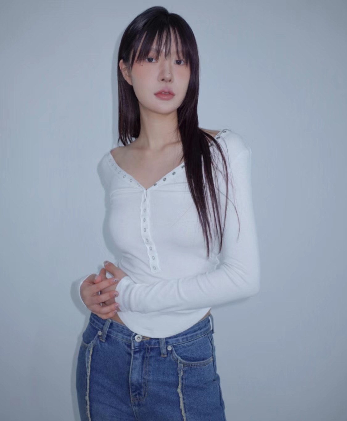 韓國 收腰 針織 排釦長Tee