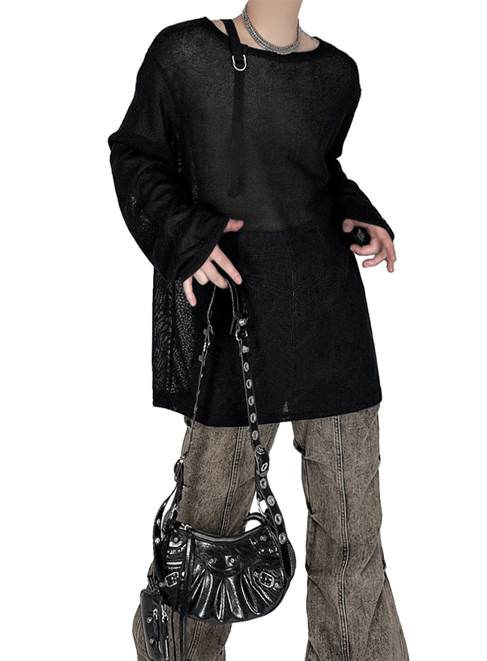 夏季透視腰帶寬版針織衫上衣