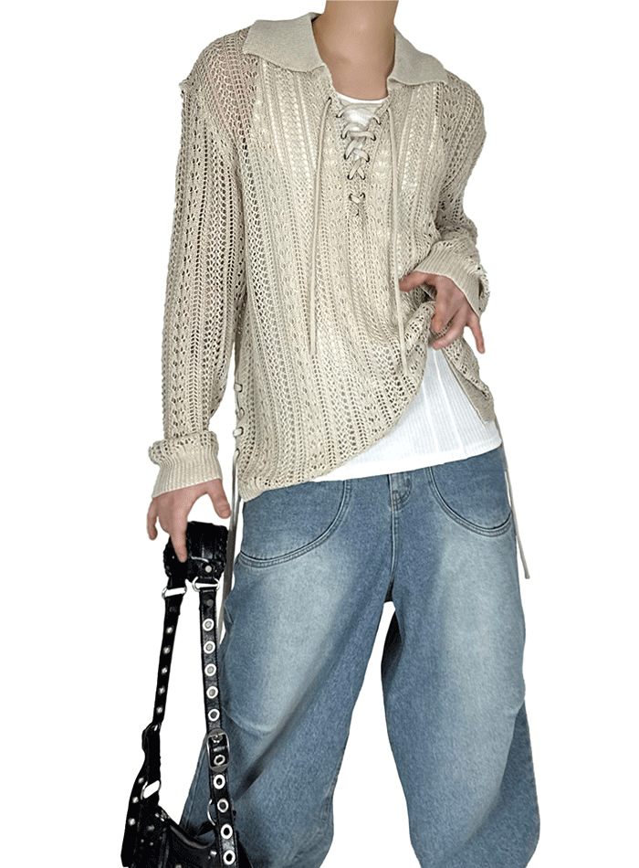 環形鏤空編織長袖T恤