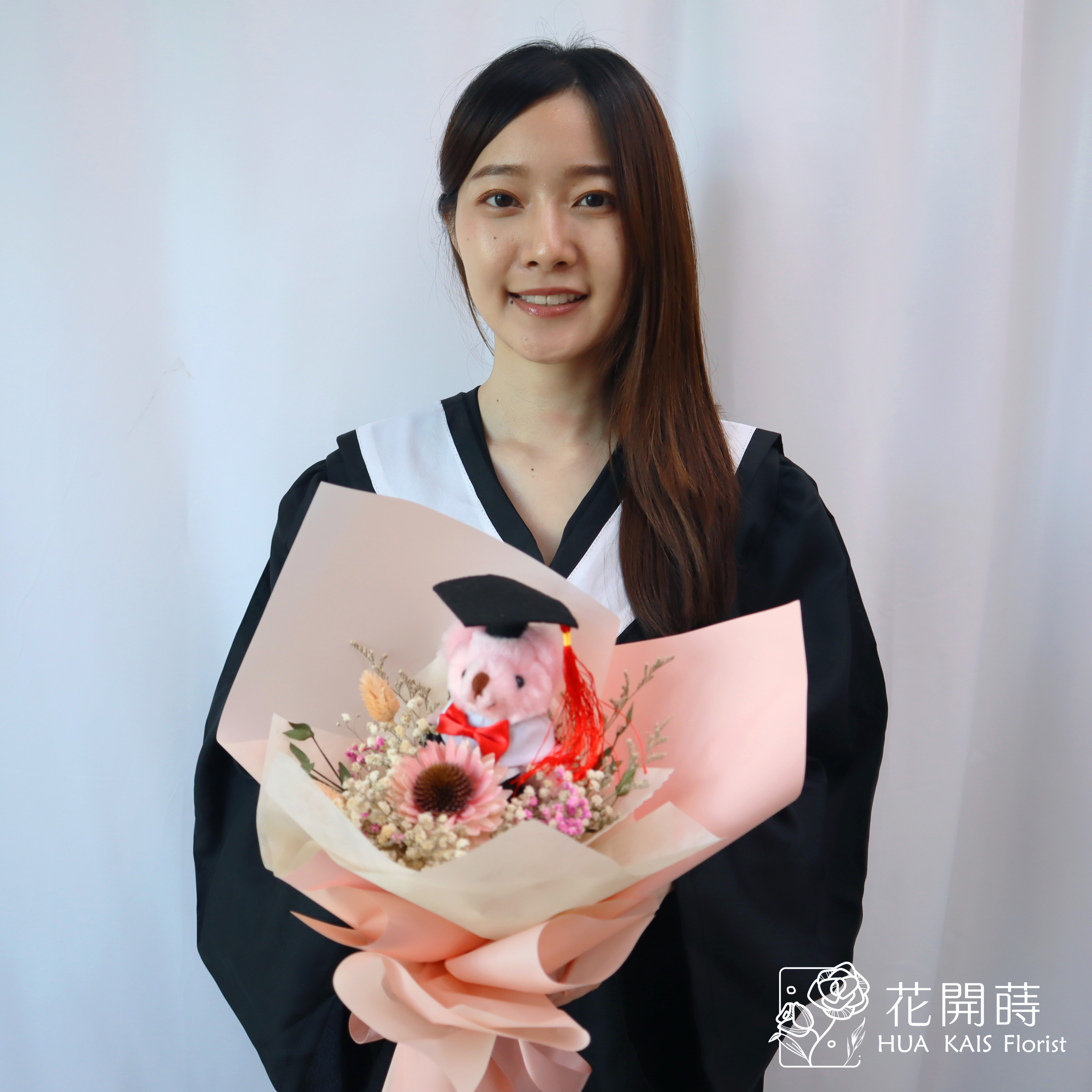 畢業花束|粉色太陽花畢業學士熊花束|單支太陽花畢業熊花束|畢業禮物|