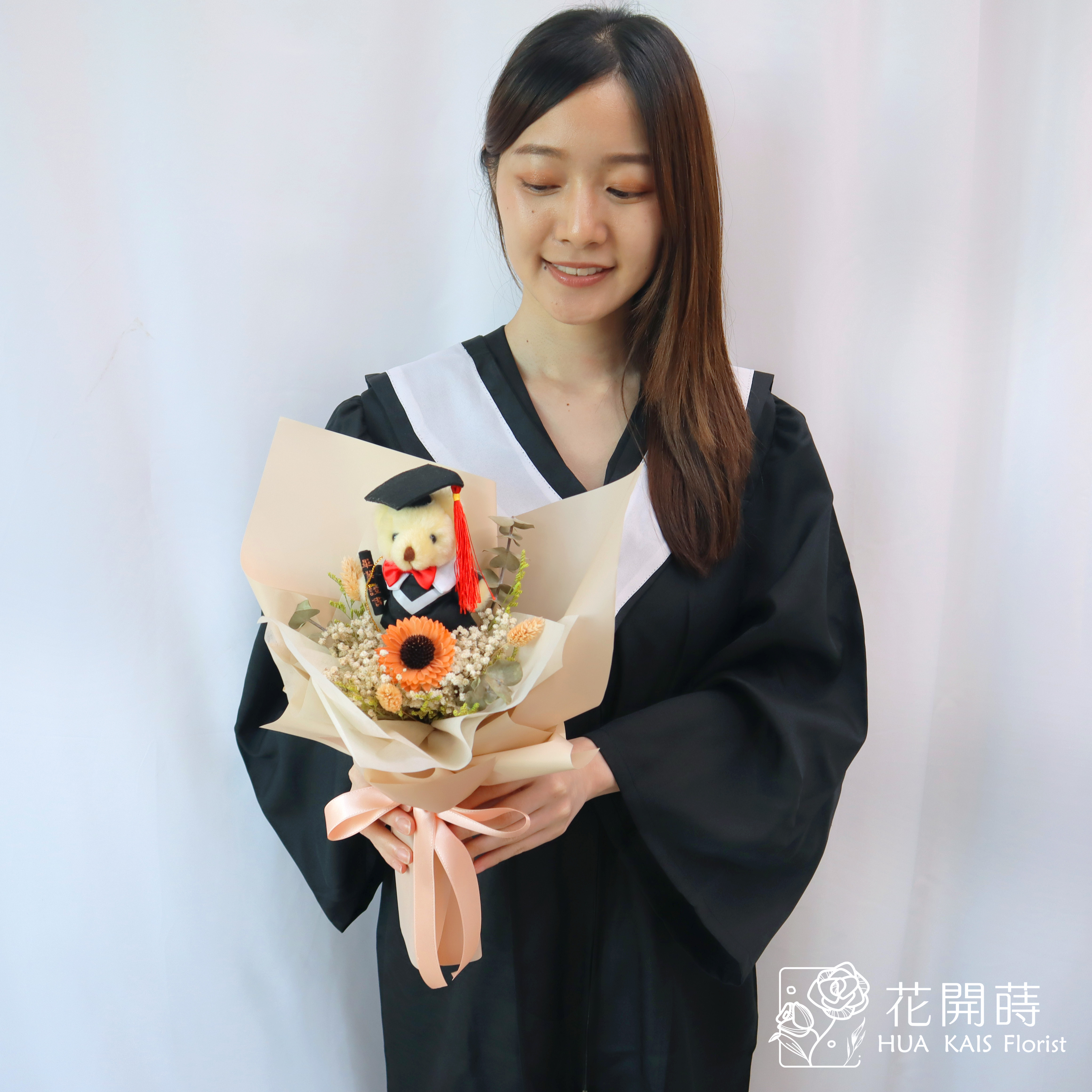 畢業花束|奶茶色太陽花畢業學士熊花束|單支太陽花畢業熊花束|畢業禮物|