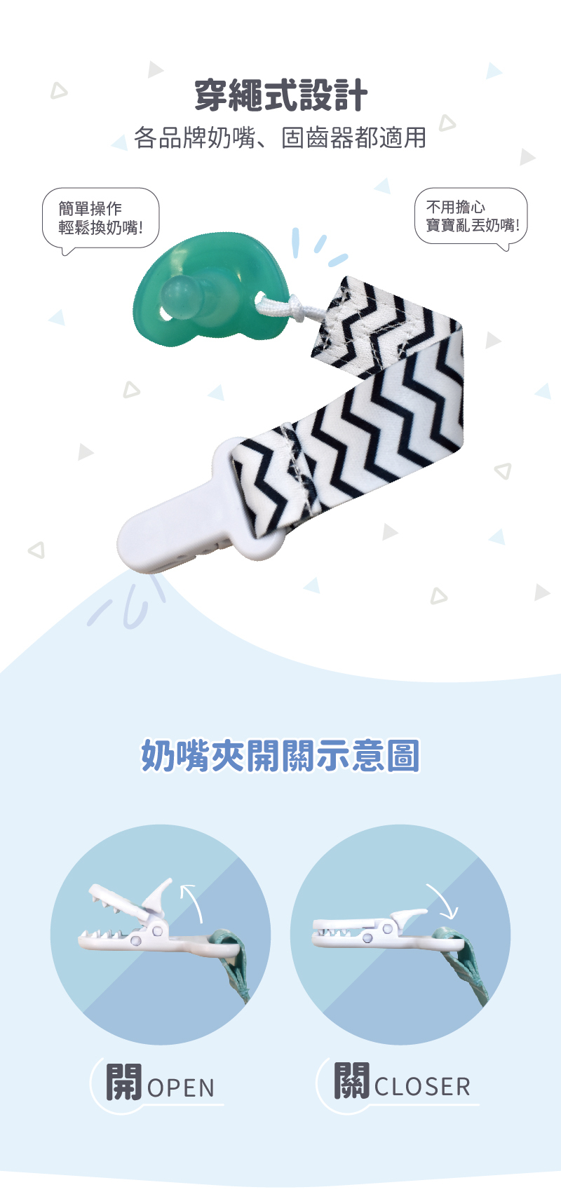 穿繩式設計,各品牌奶嘴、固齒器都適用,不用擔心寶寶亂丟奶嘴,奶嘴鏈夾頭開關示意圖