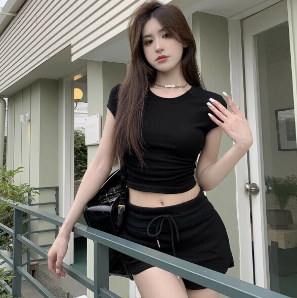 Summer shoulder short sleeve T (black) [Size: S-L] [Contact customer service to confirm the shipping size after placing an order]