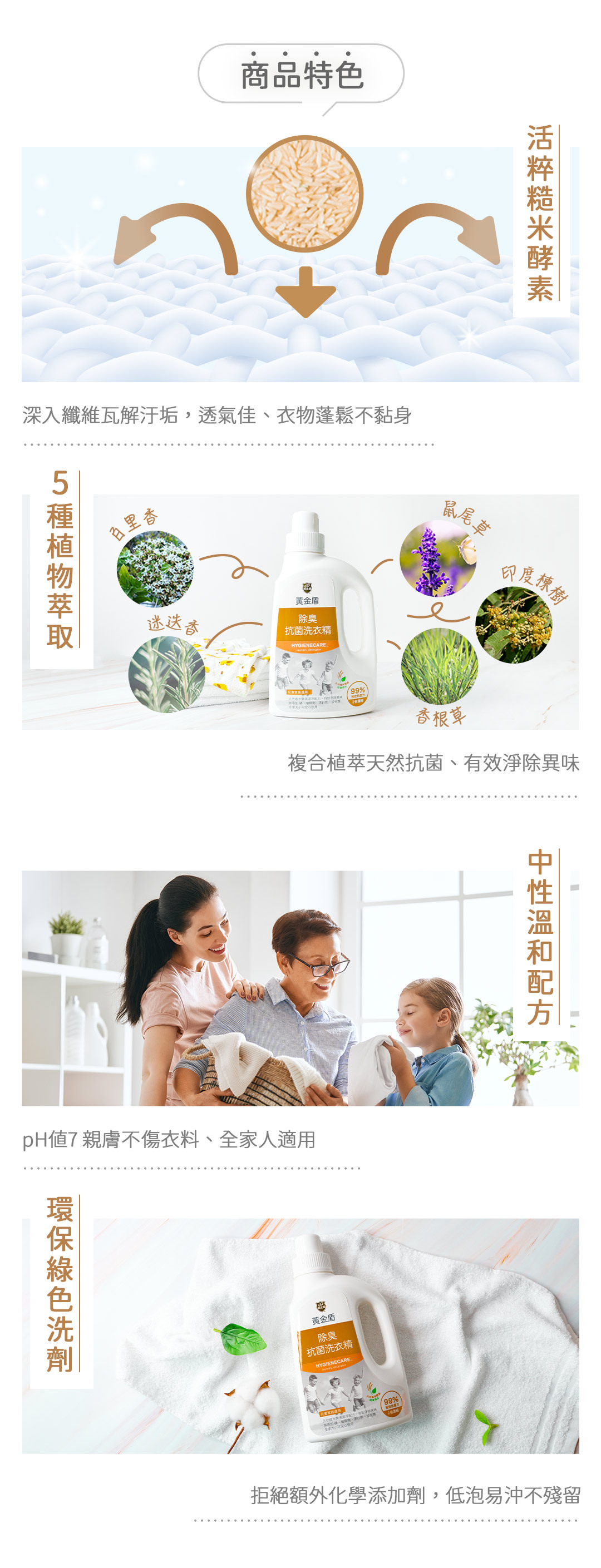 黃金盾除臭抗菌洗衣精,嚴選5種植萃配方並添加活粹糙米酵素,可深入纖維強力分解污垢汗臭,ph7親膚不傷衣料、全家人適用。
