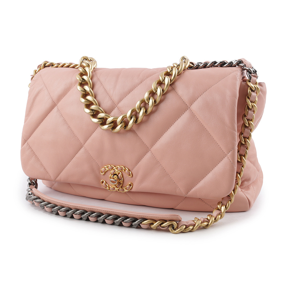 【CHANEL】Chanel 19 三色鍊帶菱格紋口蓋包(超大款)(粉色) CH14000118