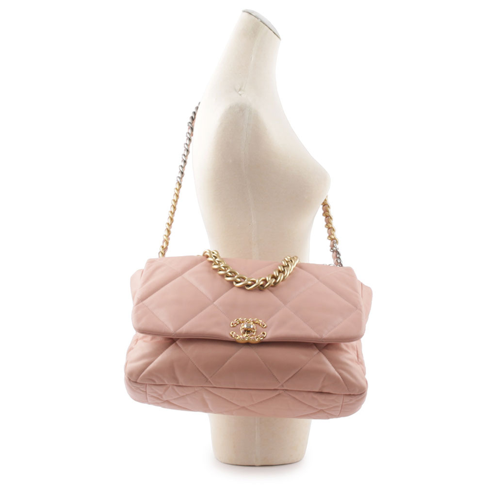 【CHANEL】Chanel 19 三色鍊帶菱格紋口蓋包(超大款)(粉色) CH14000118