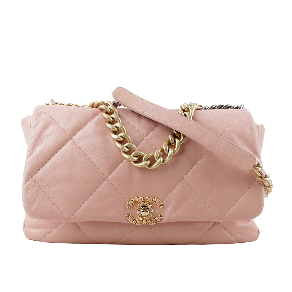 【CHANEL】Chanel 19 三色鍊帶菱格紋口蓋包(超大款)(粉色) CH14000118