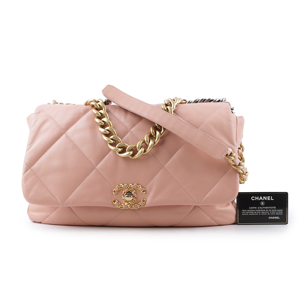 【CHANEL】Chanel 19 三色鍊帶菱格紋口蓋包(超大款)(粉色) CH14000118