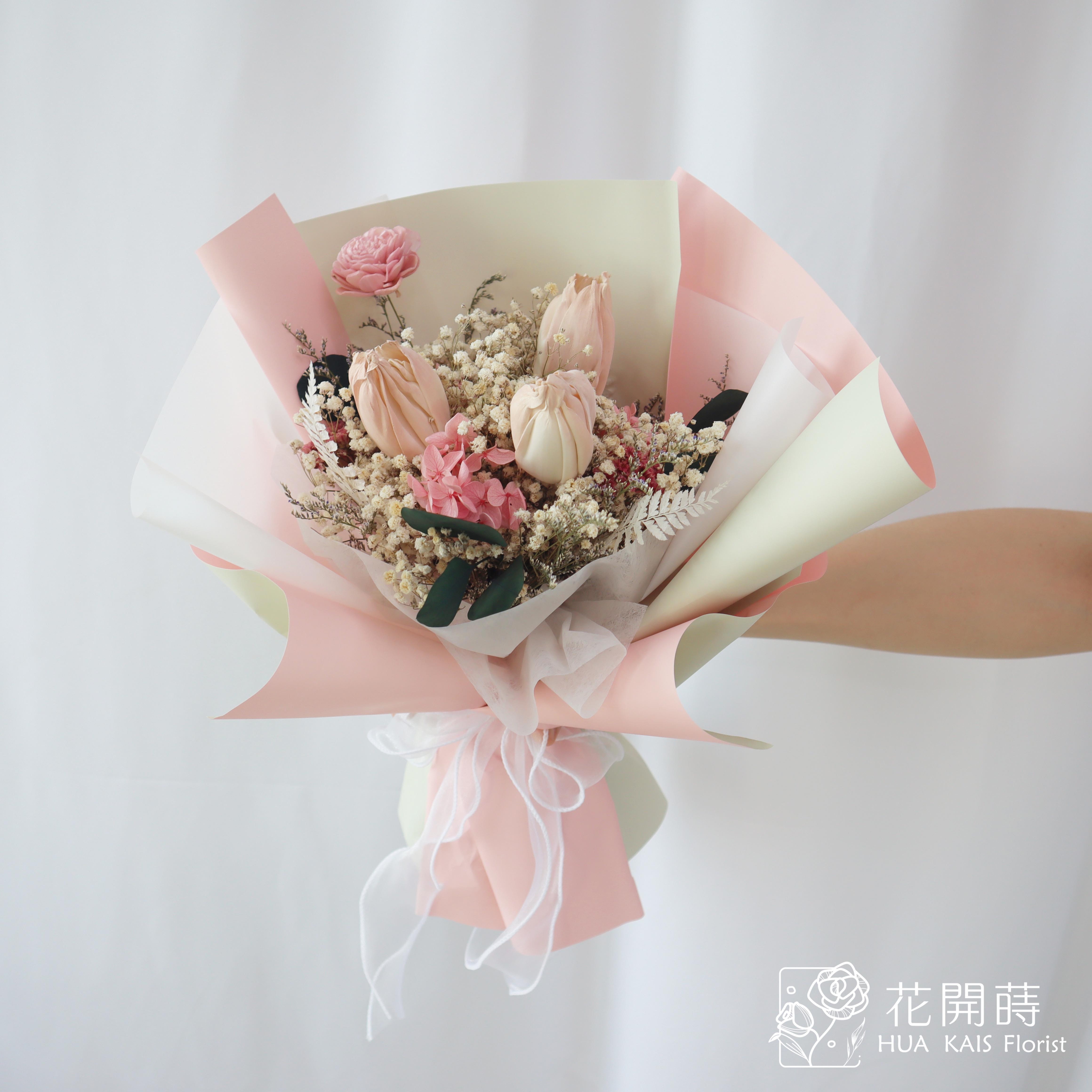 乾燥花束|仙女粉鬱金香乾燥花束(M)|中型花束|永生花|情人節花束|畢業花束|母親節花束