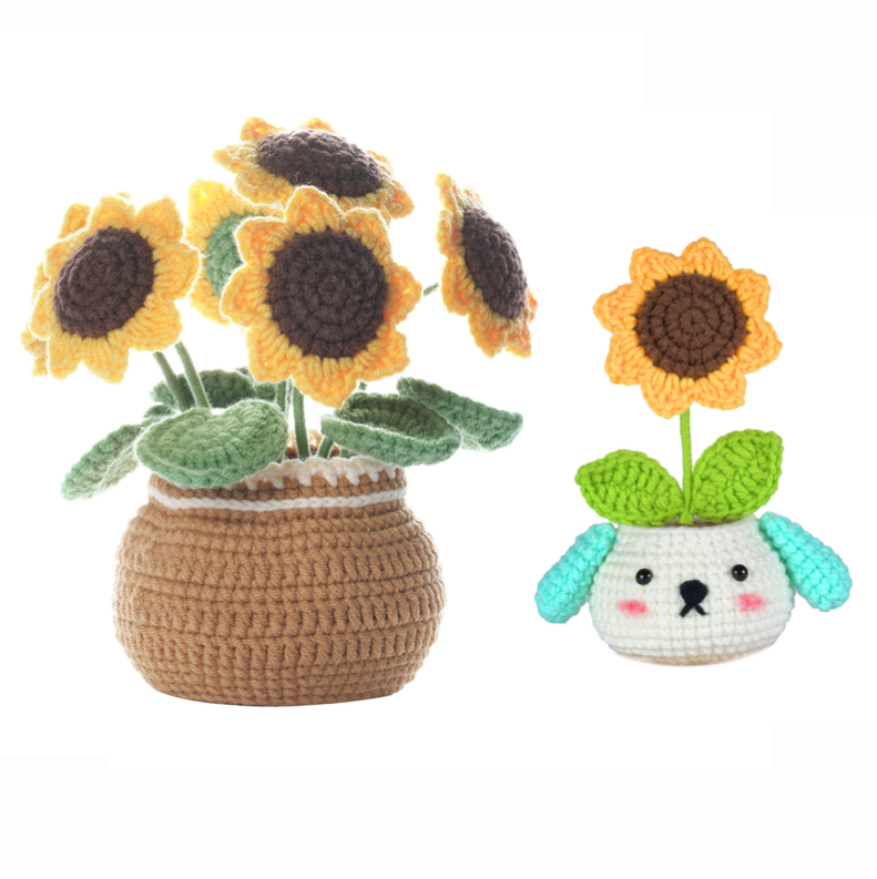 DIY鉤針編織大盆栽向日葵+狗盆栽葵材料包 M136