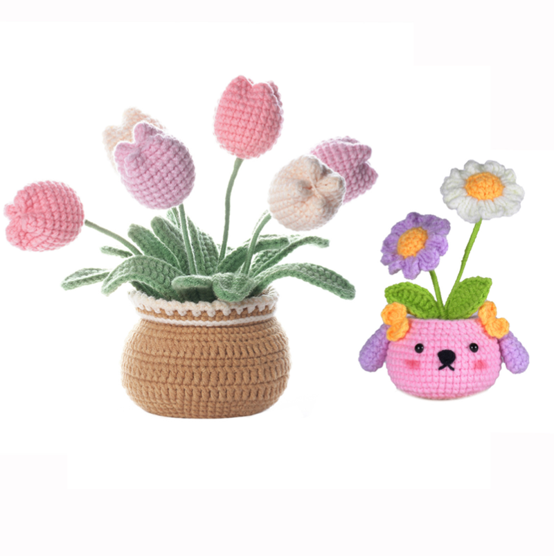 DIY鉤針編織大盆栽鬱金香+狗盆栽小雛菊材料包 M137