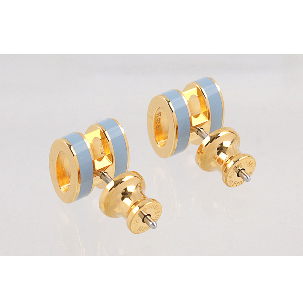 【HERMES】Mini Pop H立體簍空橢圓LOGO耳環(亞麻藍/金色) H608002F 05