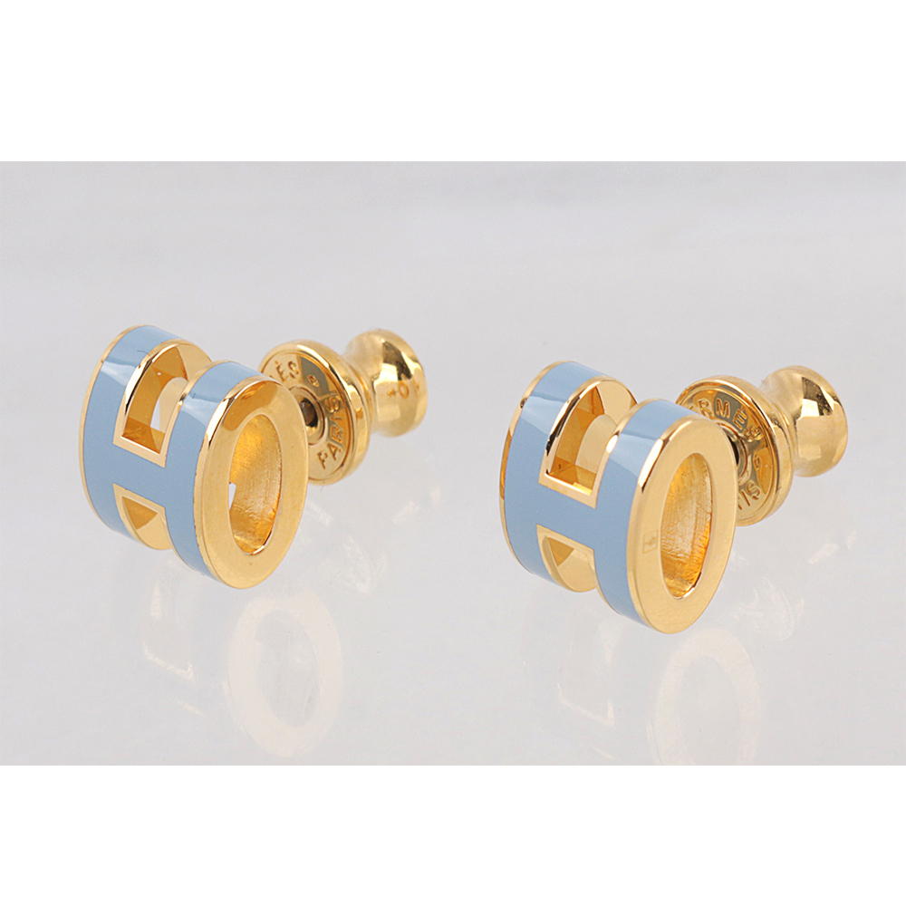 【HERMES】Mini Pop H立體簍空橢圓LOGO耳環(亞麻藍/金色) H608002F 05