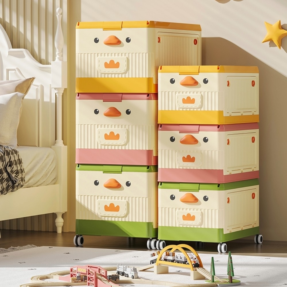 【AOTTO】兒童萌鴨三開門附輪折疊收納箱-60L(AL-205)