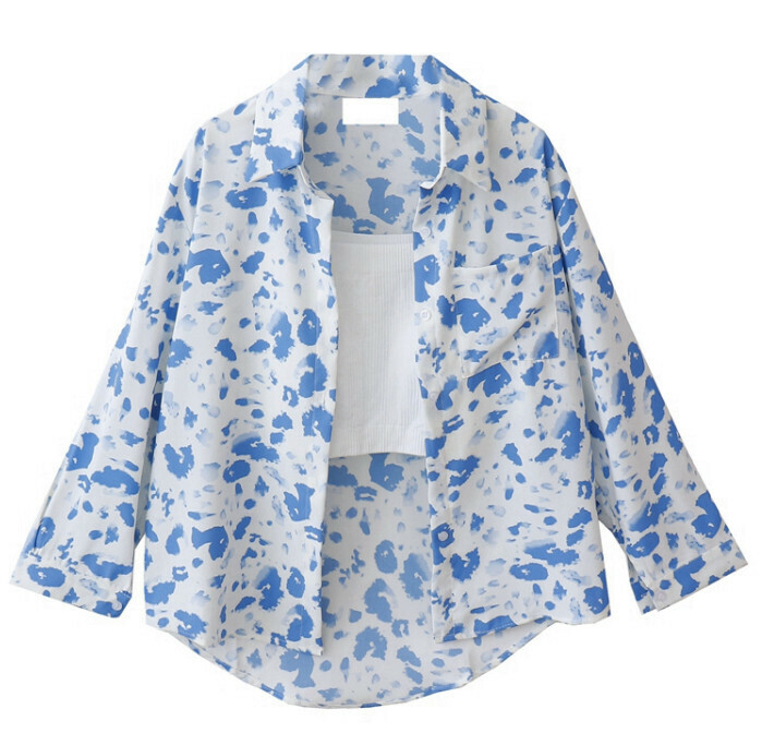 Hot selling blue printed shirt + white suspenders [S size - L size] (please contact customer service to confirm the delivery size after placing the order)