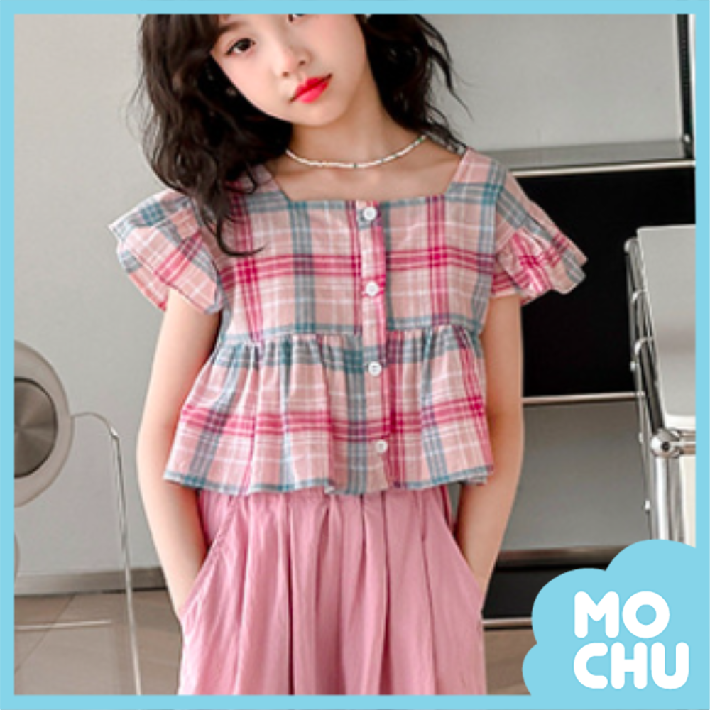 粉格飛袖娃娃衫