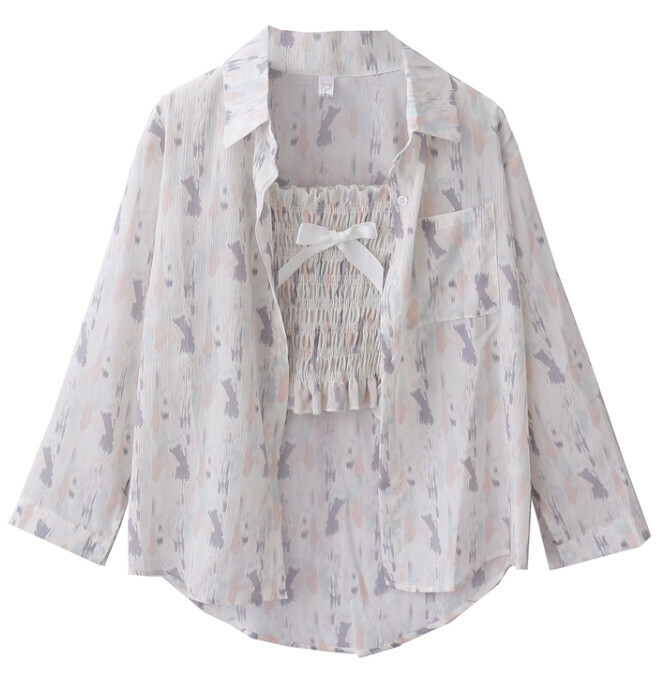 Hot selling printed chiffon shirt + small suspenders [pink] [one size fits all]