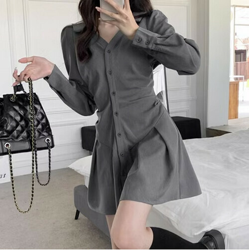 Hot selling V-neck shirt dress [dark gray] [S-XL size] (please contact customer service to confirm the delivery size after placing the order)