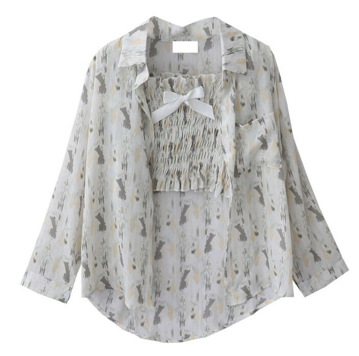 Hot selling printed chiffon shirt + small suspenders [yellow] [one size fits all]