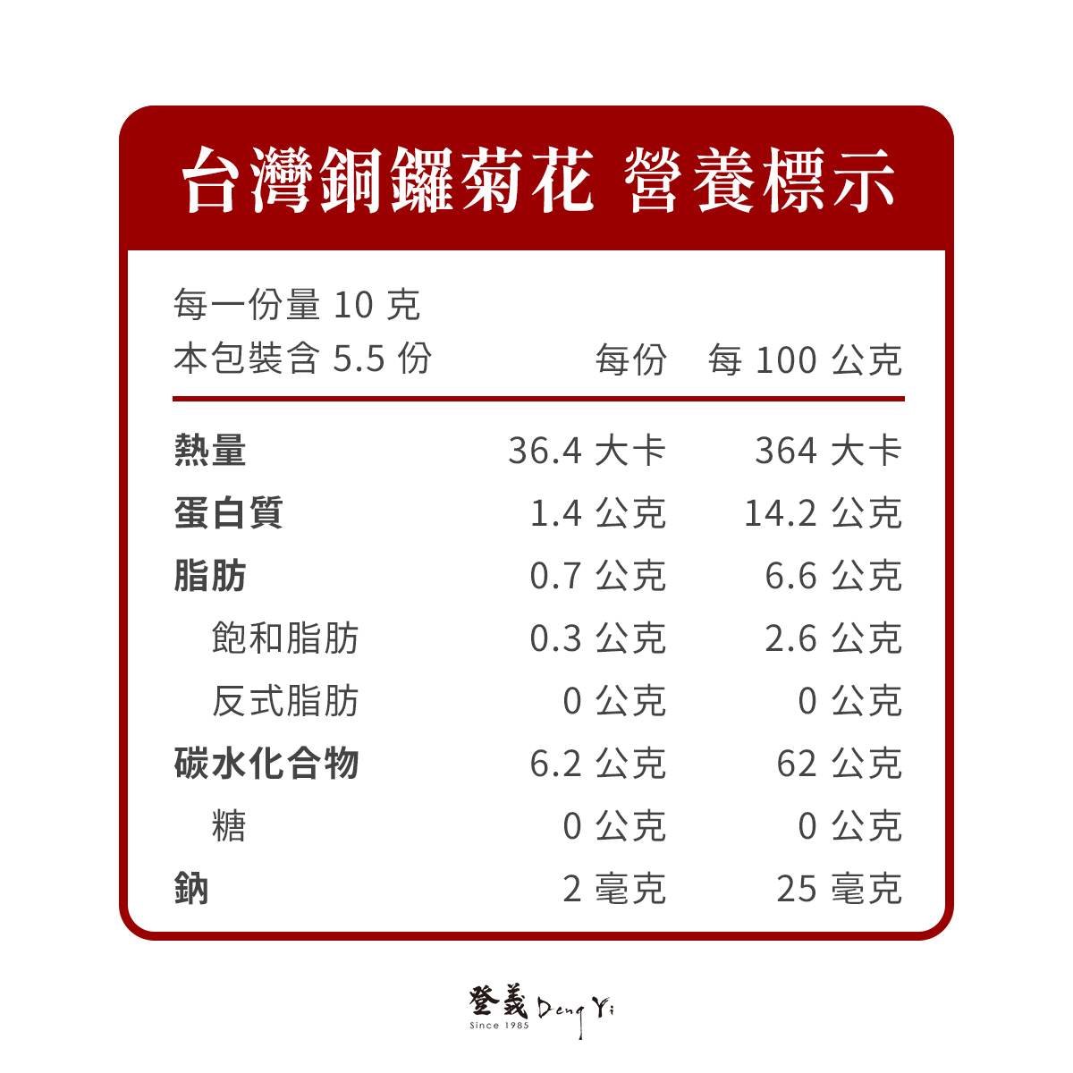 台灣銅鑼菊花營養標示
