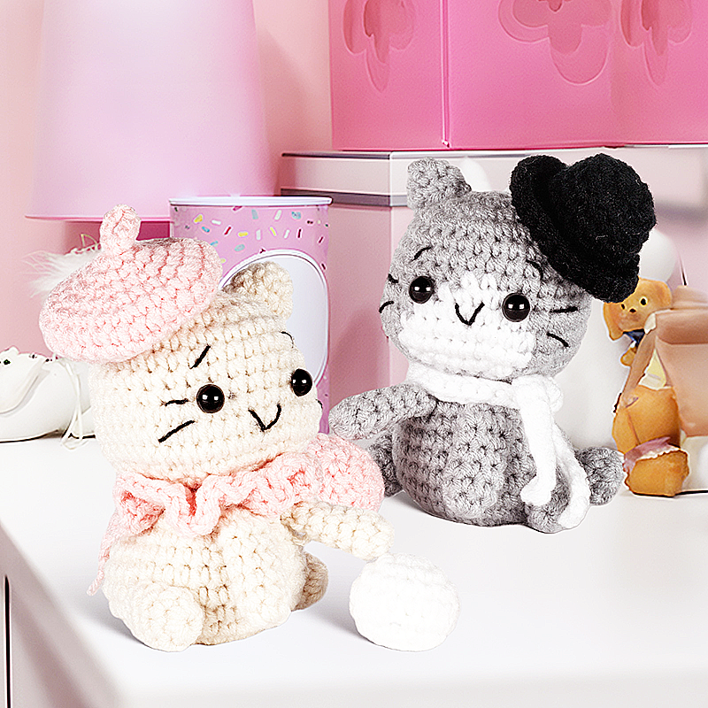 DIY鉤針編織純色米灰貓咪材料包 M123