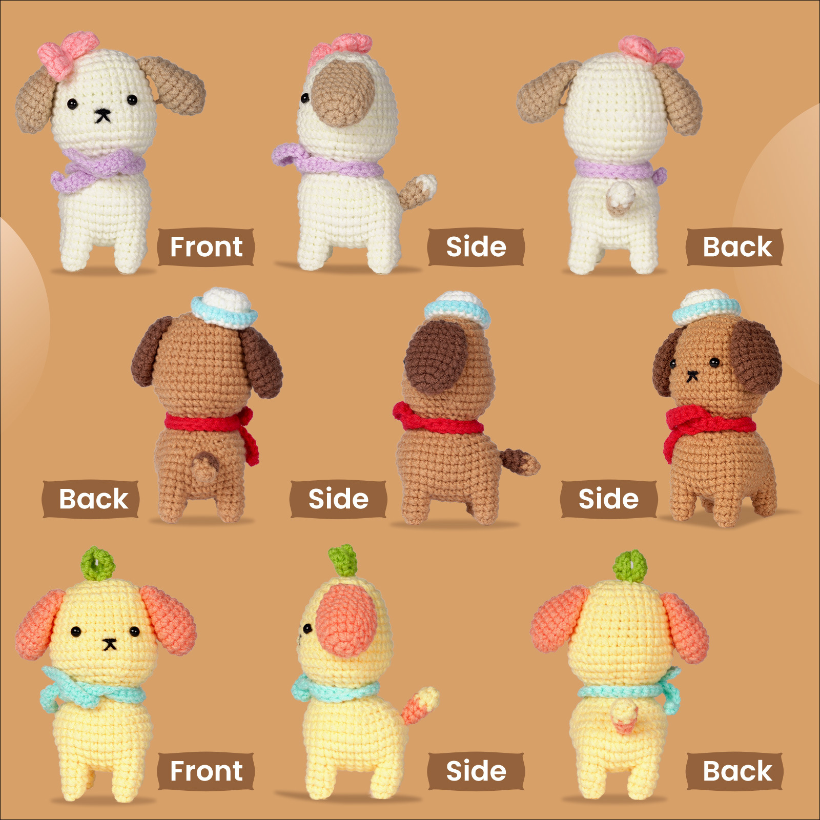 DIY鉤針編織三隻站立狗組合材料包 M119