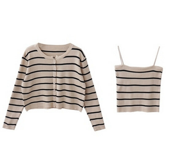 Hot selling striped knitted cardigan jacket + small suspenders [apricot color] [one size fits all]