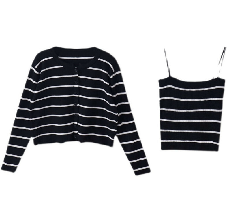 Hot selling striped knitted cardigan jacket + small suspenders [black] [one size fits all]