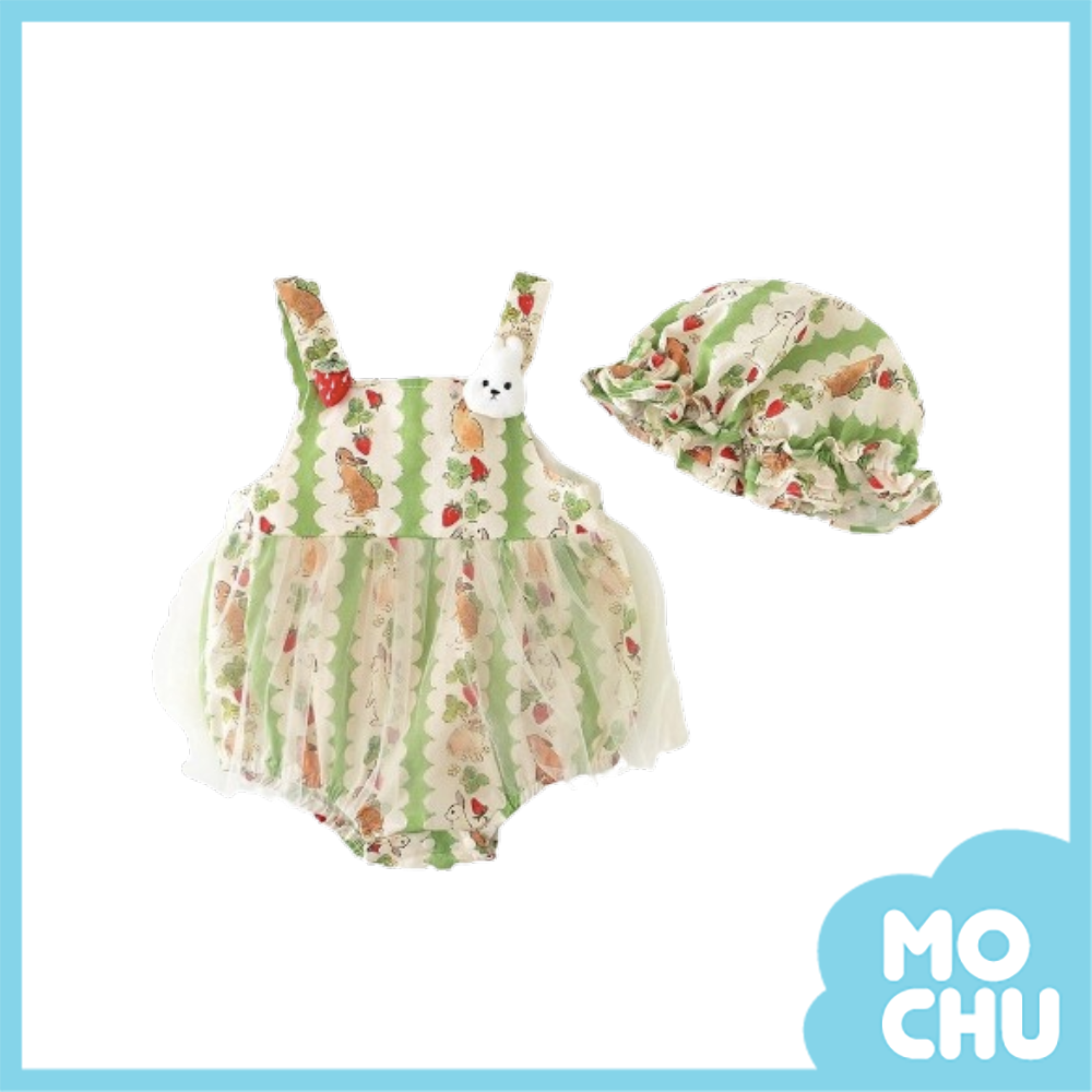 滿印草莓兔網紗包屁衣(送帽子)