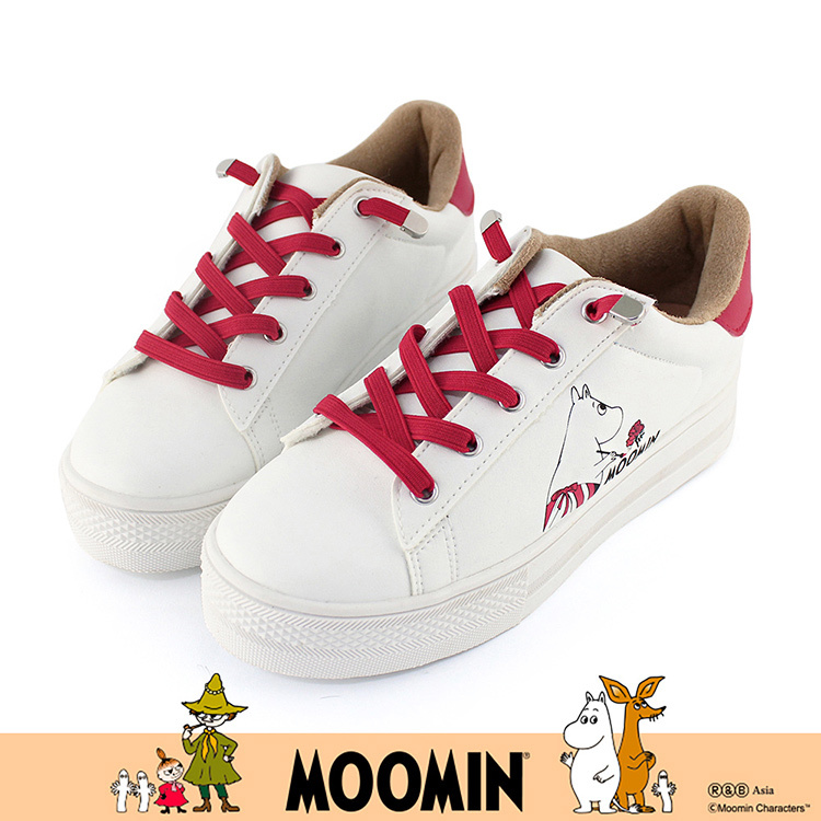 Paidal x Moomin姆明谷 姆明媽媽彩繪紅玫瑰免綁帶跳色厚底休閒鞋不彎腰鞋-白