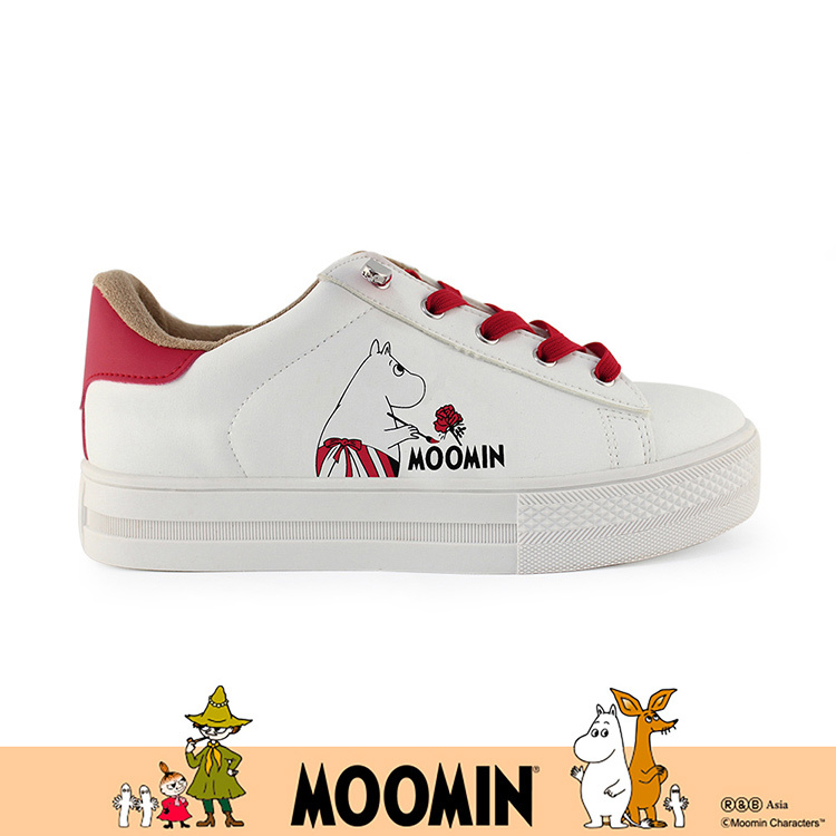 Paidal x Moomin姆明谷 姆明媽媽彩繪紅玫瑰免綁帶跳色厚底休閒鞋不彎腰鞋-白