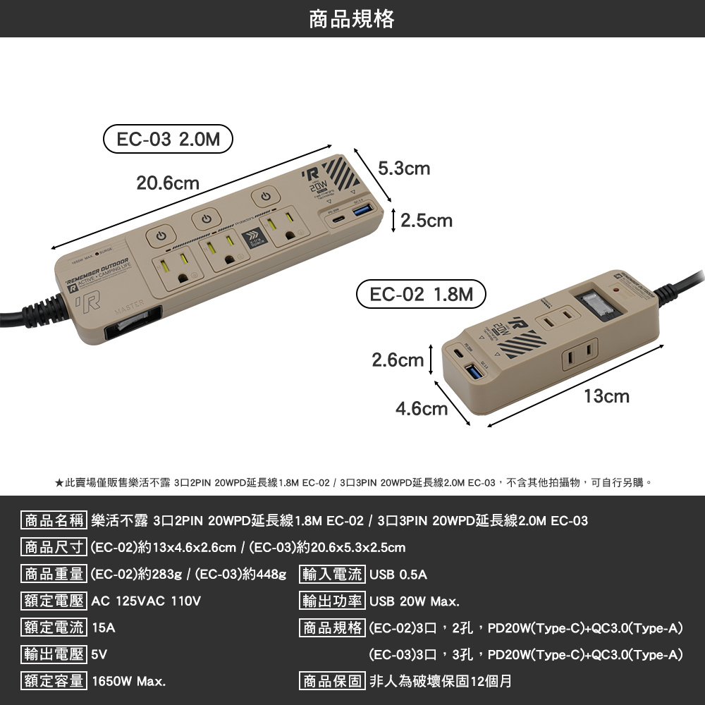 樂活不露 3口2PIN/3口3PIN 20WPD延長線