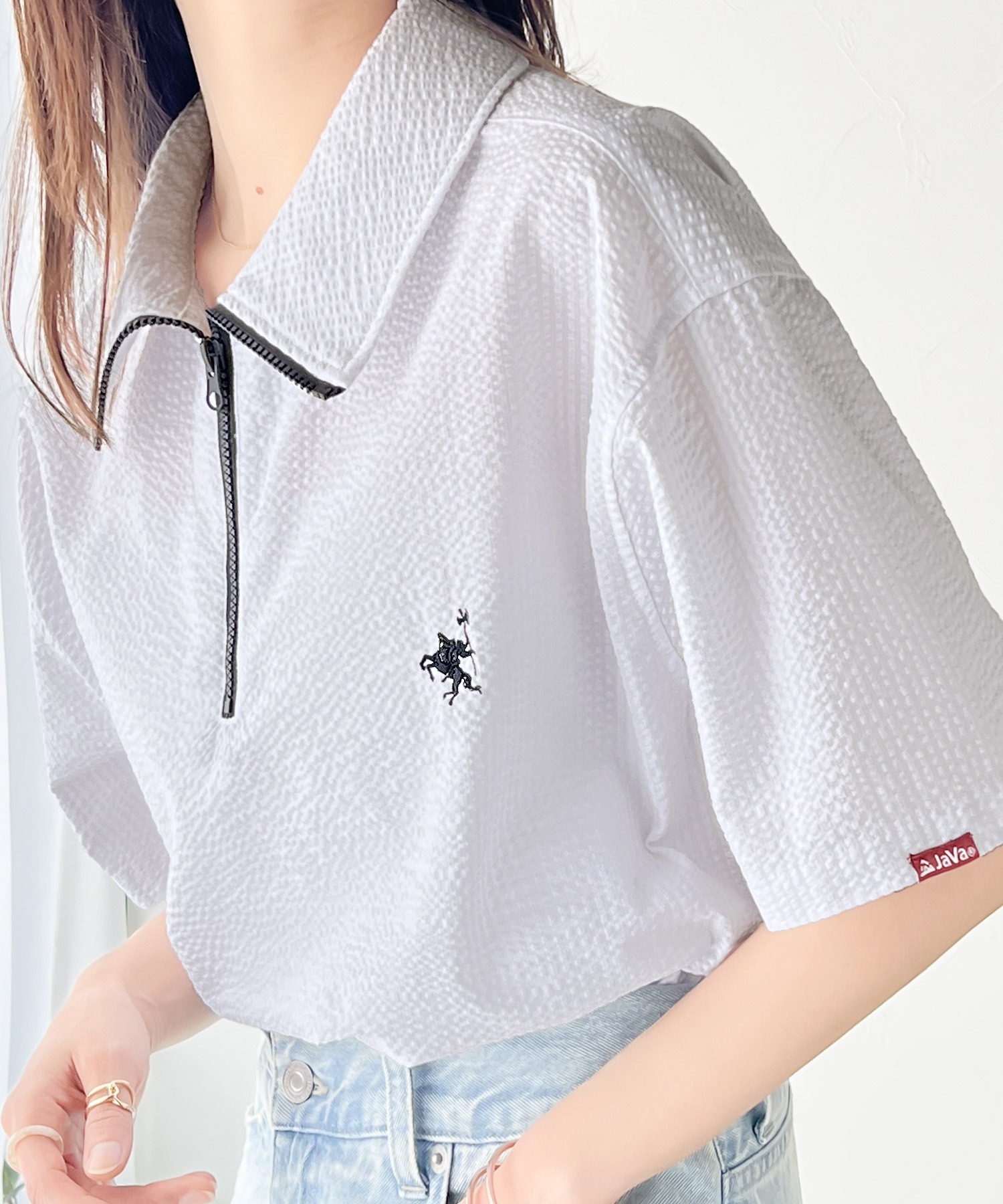 【現貨】JAVA 半拉鍊 高領 短袖 落肩 寬鬆 刺繡 短Tee 五色