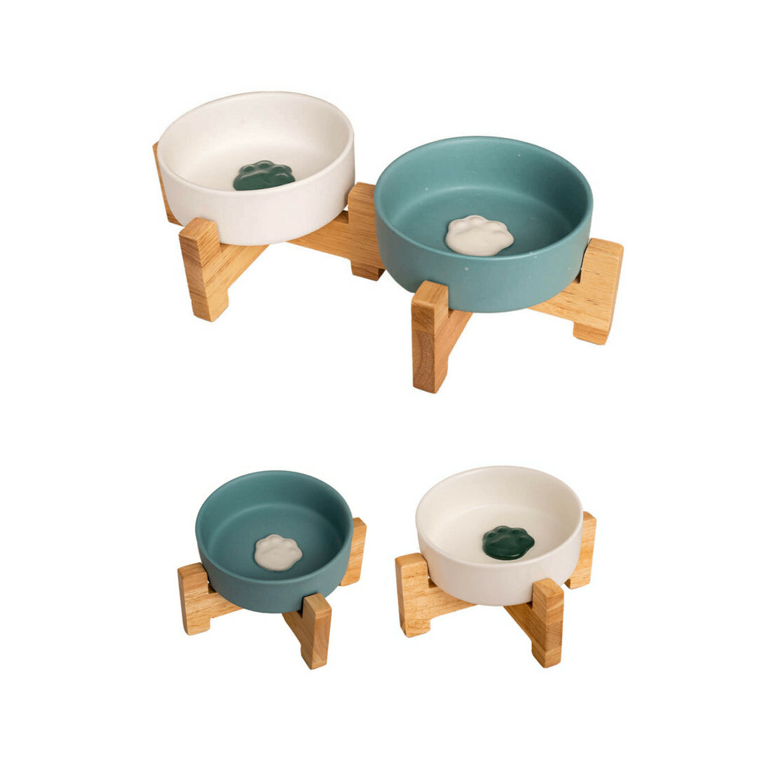 寵物碗 木製碗架腳ㄚ碗組 雙碗/單碗 (藍白色)