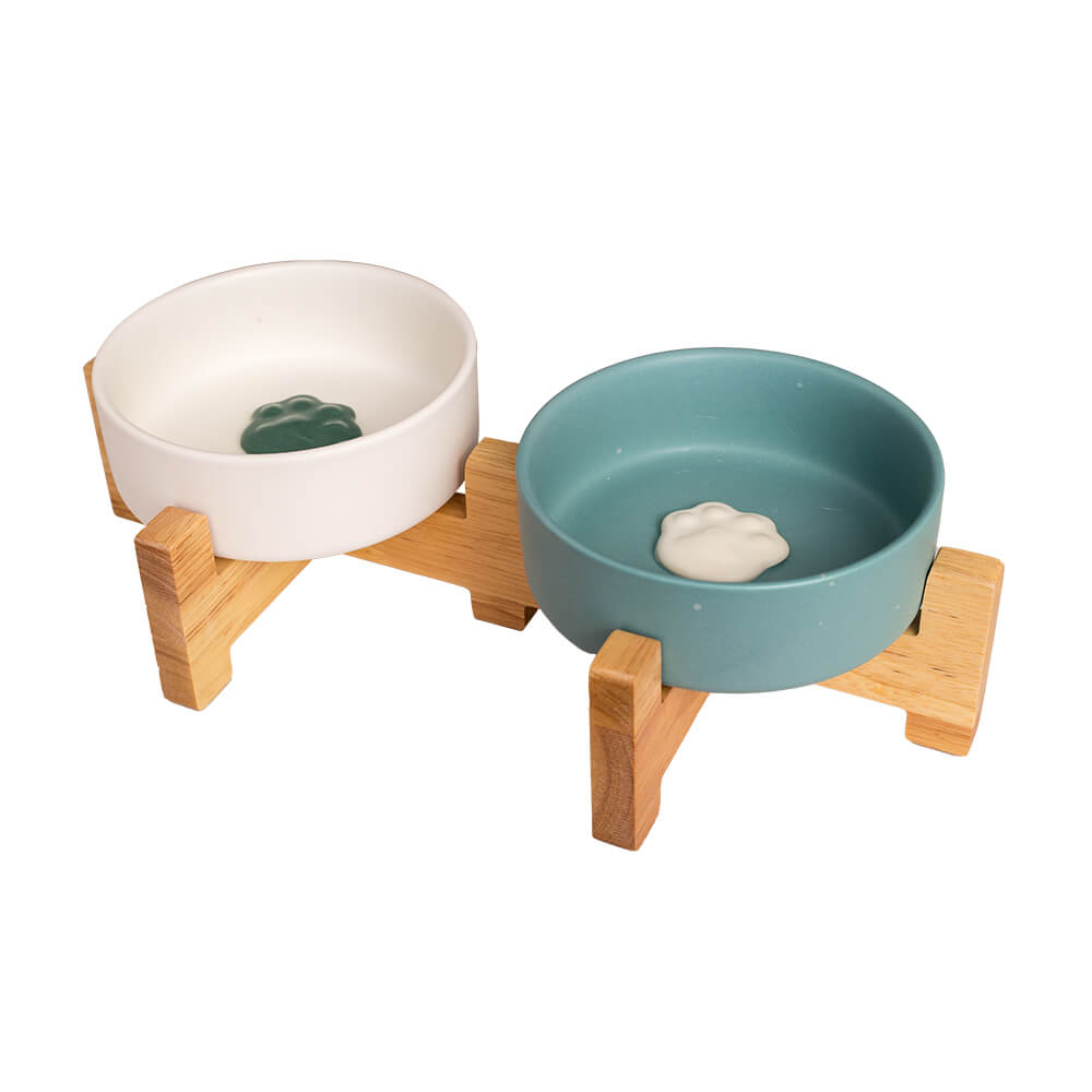 寵物碗 木製碗架腳ㄚ碗組 雙碗/單碗 (藍白色)