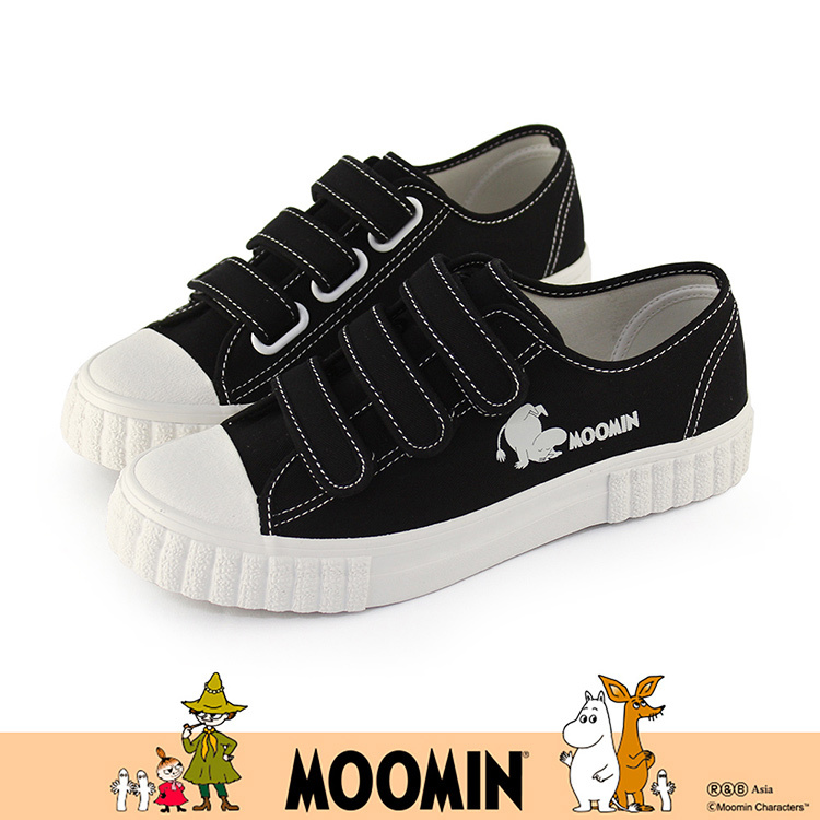 Paidal x Moomin姆明谷 姆明俏皮倒立免綁帶魔鬼氈帆布鞋餅乾鞋-黑