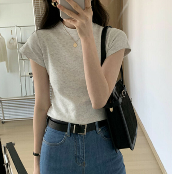 Summer shoulder short sleeve t (gray) [Size: S-XL] [Contact customer service to confirm the shipping size after placing an order]