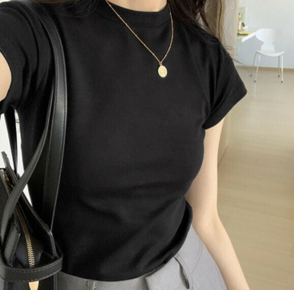 Summer shoulder short sleeve T (black) [Size: S-XL] [Contact customer service to confirm the shipping size after placing an order]