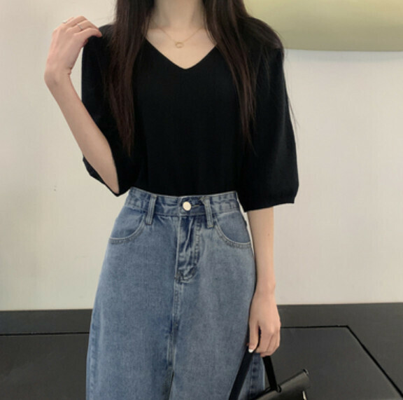 Summer V-neck knit sweater (black) [Size: S-XL] [Contact customer service to confirm the shipping size after placing an order]