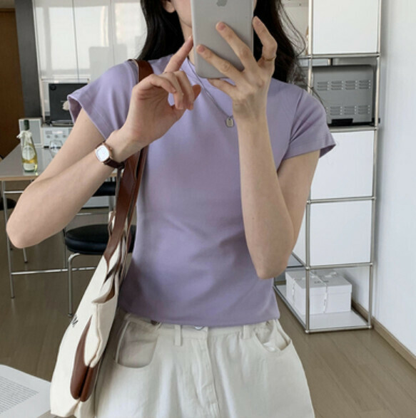 Summer shoulder short sleeve t (purple) [Size: S-XL] [Contact customer service to confirm the shipping size after placing an order]