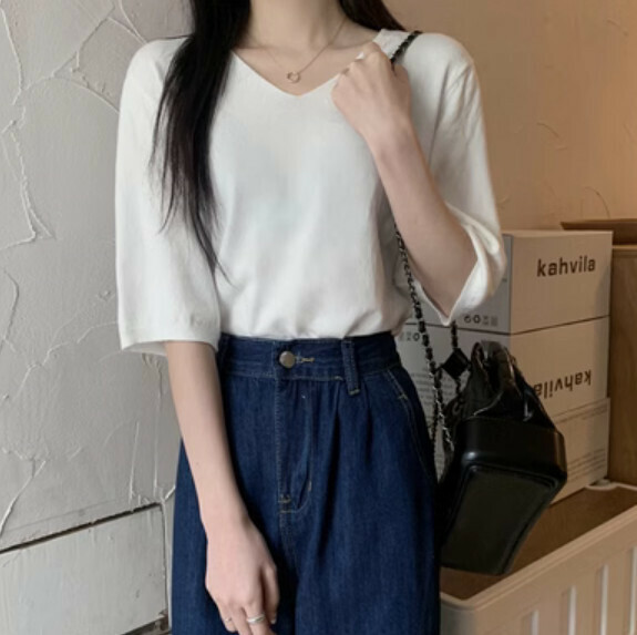 Summer V-neck knit sweater (white) [Size: S-XL] [Contact customer service to confirm the shipping size after placing an order]