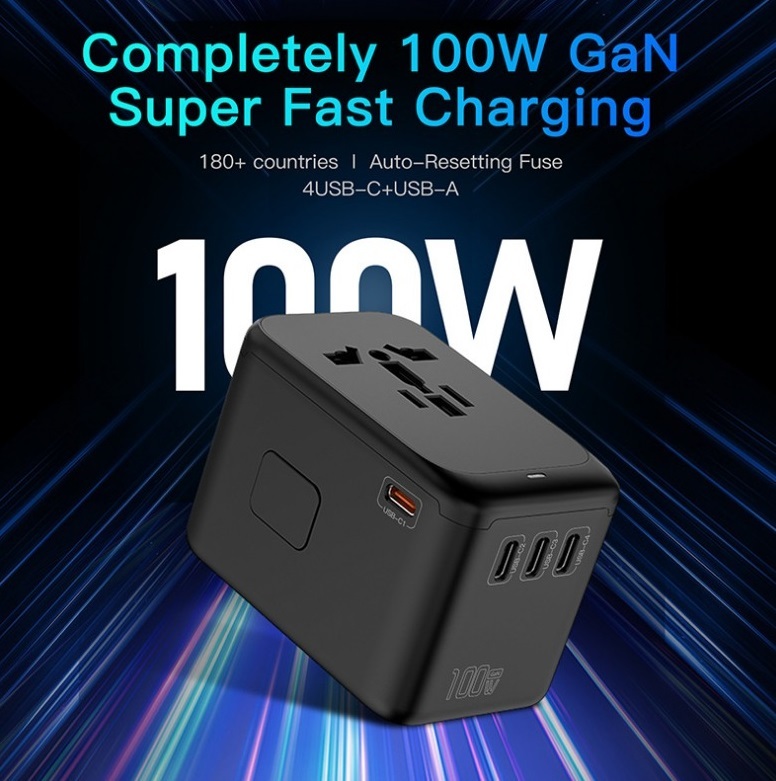 100W五口GaN 環球旅行快充充電器插座(PD65W/PD3/PD2/QC3/2500W大功率環球插座(Apple/iphone/Android/ipad/notebook)