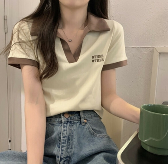 Summer polo collar contrast short sleeve T (apricot) [Size: S-XL] [Contact customer service to confirm the shipping size after placing an order]