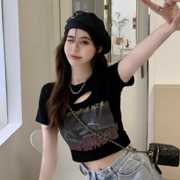 Summer Retro Slim Short Sleeve T (Black) [Size: S-XL] [Contact Customer Service to Confirm Shipping Size after Placing an Order]
