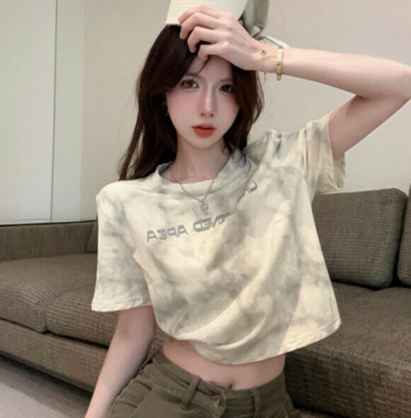 Summer slim slim short-sleeved tie-dye T (apricot) [Size: S-XL] [Contact customer service to confirm the shipping size after placing an order]