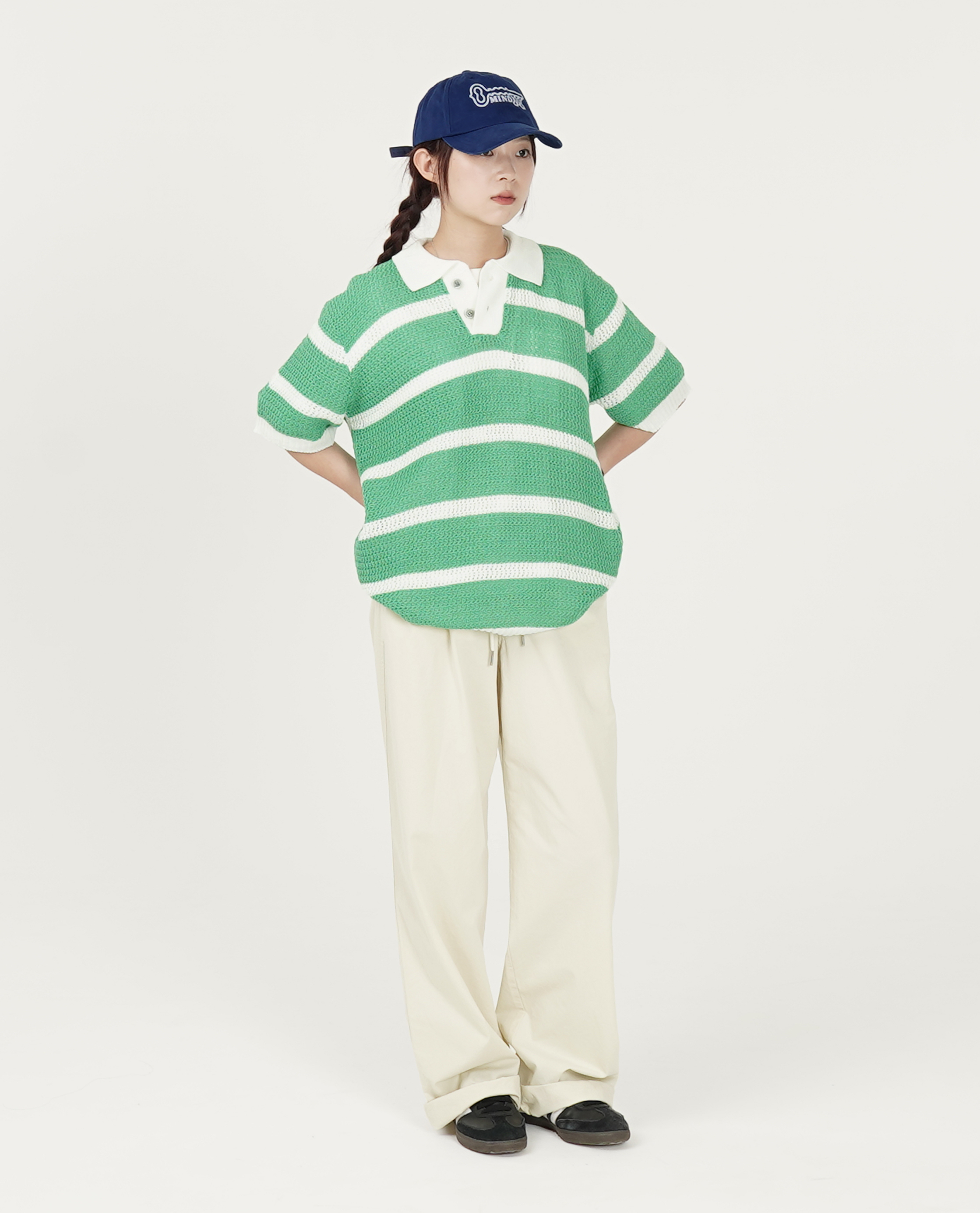 條紋半袖Polo針織衫