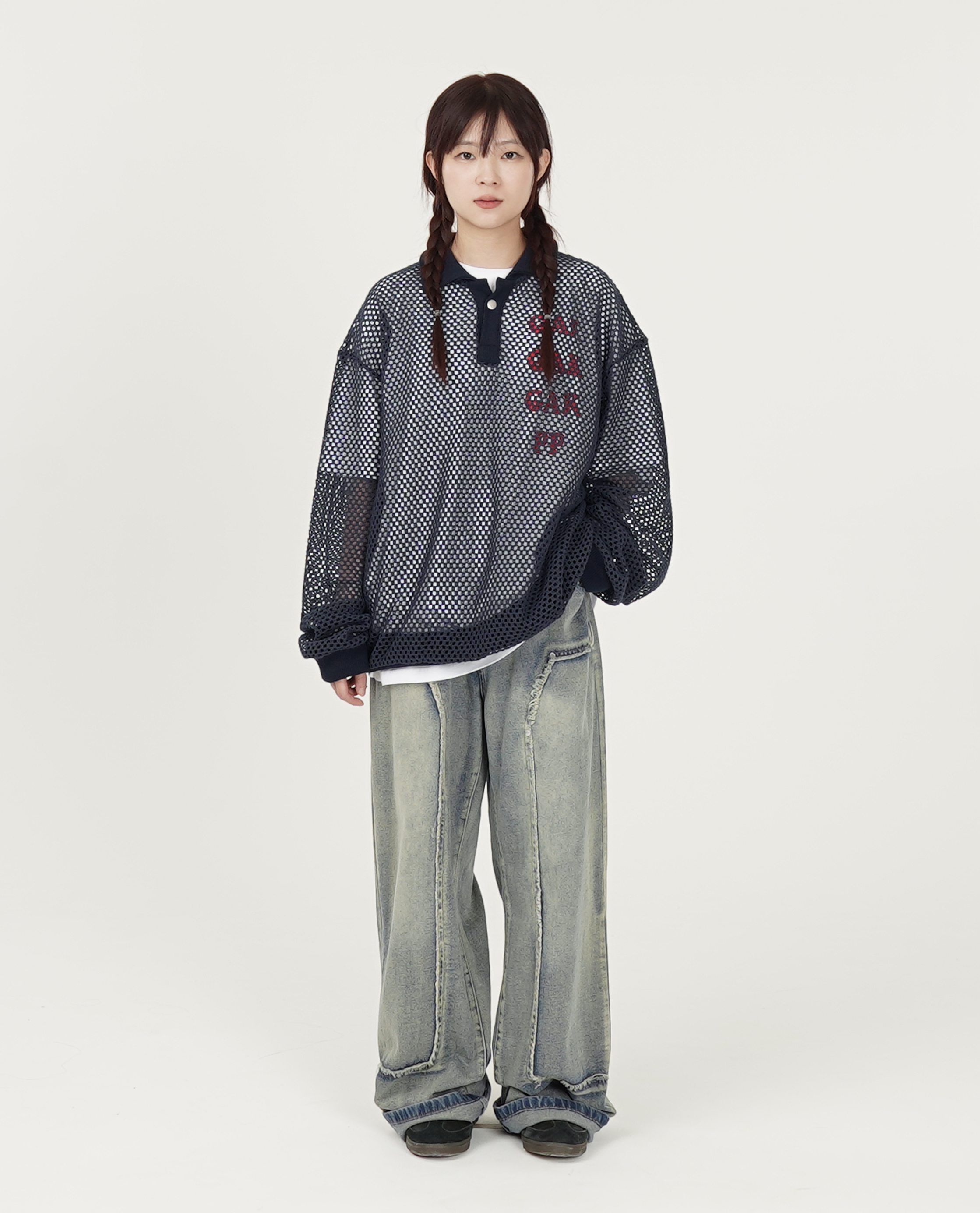 半側弧型毛邊刷色牛仔